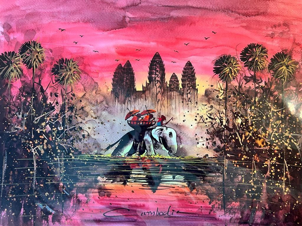 Watercolor by an ODA student of an elephant crossing water in front of Angkor Wat at sunset